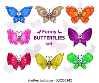 Funny cartoon colorful butterflies set, vector isolated characters