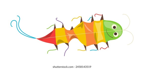 Funny cartoon colorful caterpillar kite kids paper toy flying isolated on white background