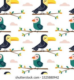 Funny cartoon colorful doodle of bird illustration seamless pattern background in vector