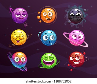 Funny cartoon colorful emoji planets set. Vector comic fantasy space characters  icons.