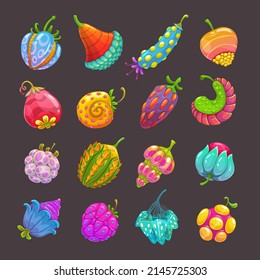 Funny cartoon colorful fantasy fruits, unreal berries collection for game design. Vector illustration