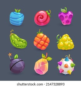 Funny Cartoon Colorful Fantasy Fruits, Vector Assets For GUI Design. Game UI Elements Collection.