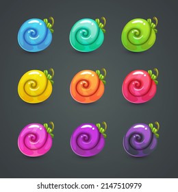 Funny cartoon colorful fantasy fruits, unreal berries collection for game design. Vector illustration