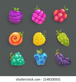 Funny Cartoon Colorful Fantasy Fruits And Berries With Different Shapes, Textures And Colors. Vector Creative Plant Assets For GUI Design. Game UI Elements Collection.