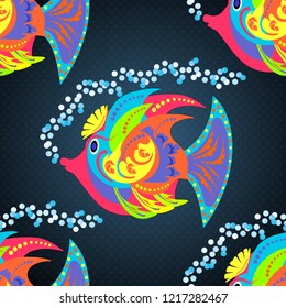 Funny cartoon colorful fishes seamless pattern. Vector fishes in gray, blue and black colors.