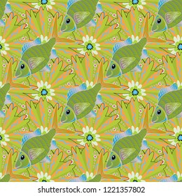 Funny cartoon colorful fishes seamless pattern. Vector fishes in orange, blue and green colors.