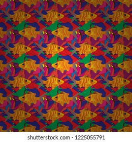 Funny cartoon colorful fishes seamless pattern. Vector fishes in blue, orange and yellow colors.