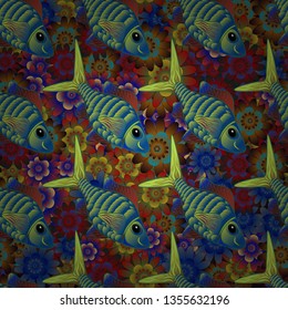 Funny cartoon colorful fishes seamless pattern. Vector fishes in blue, brown and green colors.