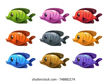 Funny cartoon colorful fishes set. Vector icons.