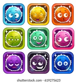 Funny cartoon colorful fluffy characters in the glossy frames. Vector app icons set.