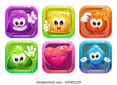 Funny cartoon colorful glossy shape characters in square frames. Vector childish app icons set. Game or web design elements