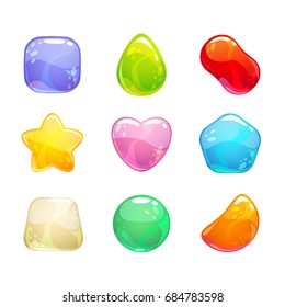 Funny cartoon colorful jelly candies set. Vector sweet icons for game or web design. Isolated on white background.