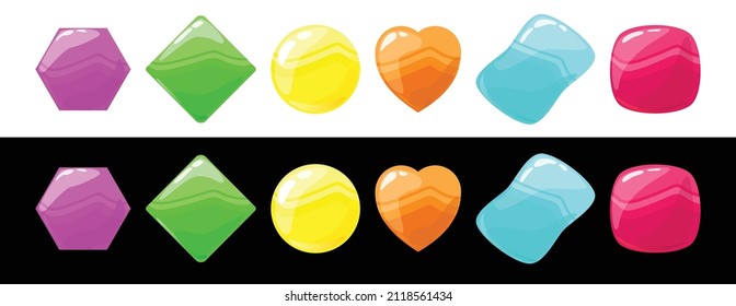 Funny cartoon colorful jelly candy set. Vector sweet icons for game or web design. Isolated on white and black background