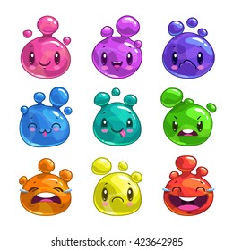 Funny cartoon colorful little bubble characters, cute jelly creatures, vector game assets,  isolated on white