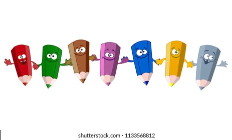 Funny Cartoon Colorful Pencils Holding Hands and Smiling Isolated on White Background. Teamwork & Communication Concept. Vector Illustration