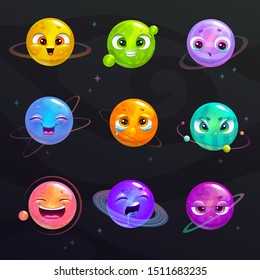 Funny cartoon colorful planets with cute faces on space background. Vector illustration.