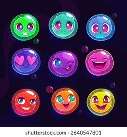 Funny cartoon colorful round bubble characters. Multicolored jelly blobs with cute faces. Vector icons set.