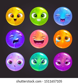 Funny cartoon colorful round emoji faces. Vector assets for game or web design. Cute emoticon stickers for messengers.