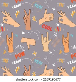 Funny cartoon colorful seamless pattern with hands showing different kind of gesture signs. Vector background for fabrics and backgrounds.