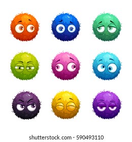 Funny cartoon colorful shaggy balls with eyes. Cute fluffy round characters set.