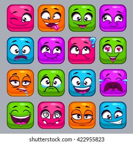 Funny cartoon colorful square faces, vector comic avatars, emoji set