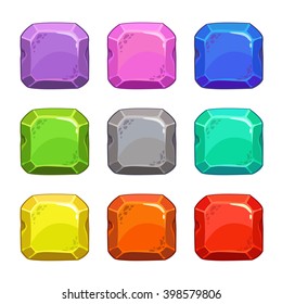Funny cartoon colorful square vector buttons, GUI assets, isolated on white
