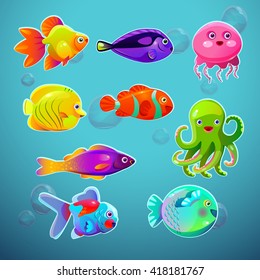 Funny cartoon colorful tropic fishes set, vector aquarium citizens icons, underwater collection