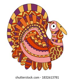 Funny cartoon colorful turkey bird white isolated stock vector illustration. Traditional american holiday bird for Thanksgiving day and Christmas isolated on white background. 