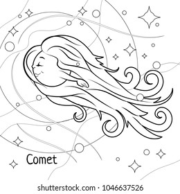 Funny cartoon comet. Black and white vector illustration for children's coloring book