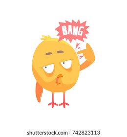 Funny cartoon comic chicken with phrase Bang, showing shot gesture vector Illustration