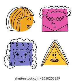 Coleção de quadrinhos de desenhos animados engraçados com emoções positivas e negativas em formas geométricas. Avatares de caricatura de lápis de cera desenhados à mão com expressões felizes, agradáveis e zangadas isoladas no fundo branco.