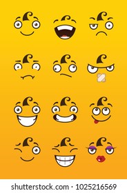 Funny cartoon comic faces on yellow background. Expressions emotions set or collection