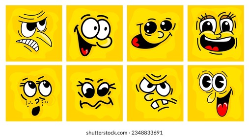 Funny cartoon comic faces on yellow background. Yellow different faces of people. Vector illustration
