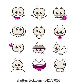 Funny cartoon comic faces on white background. Different emotions signs. Vector illustration.