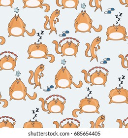 Funny cartoon comic red fat cute cats. Vector seamless pattern. Color background for children