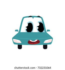 Funny cartoon, comic style car character with tongue put out, front view vector illustration isolated on white background. Cartoon, comic style car, automobile character with human face