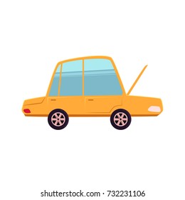 Funny cartoon, comic style car with open front hood, bonnet, vector illustration isolated on white background. Cartoon, comic style car with open bonnet, auto service, repairman concept