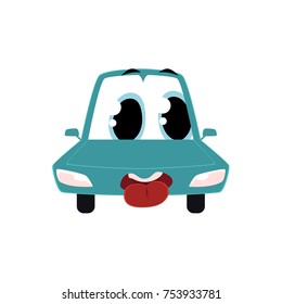 Funny cartoon, comic style car character with tongue put out, front view vector illustration isolated on white background. Cartoon, comic style car, automobile character with human face