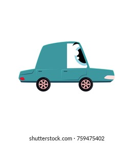 Funny cartoon, comic style car character, side view vector illustration isolated on white background. Cartoon, comic style car, automobile character with human face