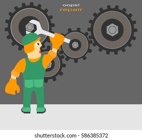 Funny Cartoon Composition on Repairs. Worker Repairs the Mechanism. 