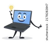 Funny cartoon computer mascot character innovation good idea isometric vector illustration. Smiling laptop emoticon startup brainstorming clever creative digital technology development inspiration
