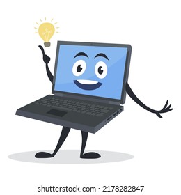 Funny cartoon computer mascot character innovation good idea isometric vector illustration. Smiling laptop emoticon startup brainstorming clever creative digital technology development inspiration