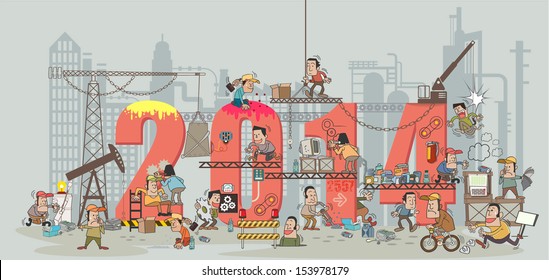 Funny cartoon construction workers collaborating in the installation 2014 building. Cartoon and vector illustration template design