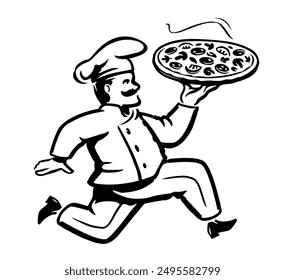 Funny cartoon cook or chef with pizza. Male cook and italian food emblem or logo. Restaurant vector illustration