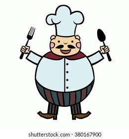 funny cartoon cook with spoon and fork