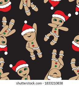 Funny cartoon Cookies make DAB move and dancing hip hop style. Christmas seamless pattern. Vector illustration.