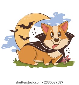 Funny cartoon corgi dog in halloween vampire costume. Scary funny character for halloween. Vector illustration of pets for the holiday.