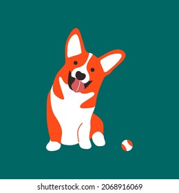 Funny cartoon corgi dog. Pembroke welsh corgi, sitting smiling abstract cute puppy. Vector isolated illustration