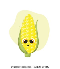 Funny cartoon corn. Surprise. Face. Emotions. Icon. Card. Vegetable. Food. Cute illustration on a white. Vector texture. Flat art. Yellow. Organic. 