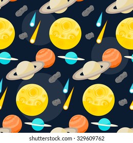 funny cartoon cosmic seamless pattern background with bright planets in open space for use in design